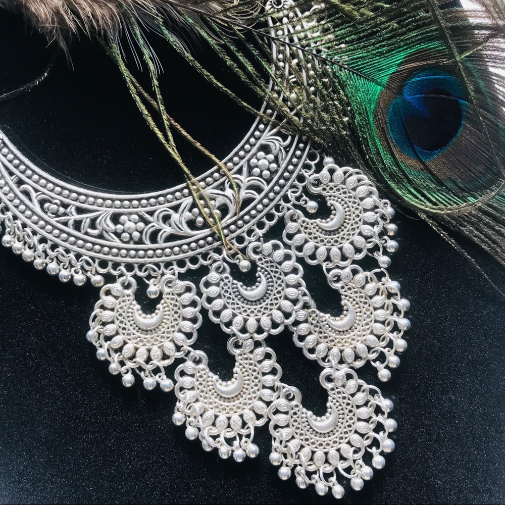 Bohemian Silver Choker Bib Statement Necklace - Picture 6 of 6